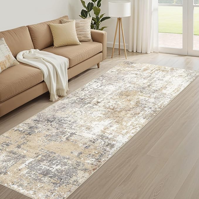 Runner Rug Kitchen Washable Rugs: 2x10 Non-Slip Abstract Soft Modern Stain Resistant Indoor Floor Neutral Accent Throw Carpet for Hallway Bathroom Laundry Room Entryway Bedroom- Gray Gold