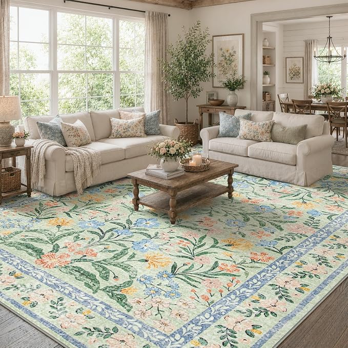 Wonnitar 10x14 Machine Washable Area Rugs, Green Floral Large Rugs for Living Room, Ultra-Thin Foldable Boho Flower Print Bedroom Carpet for Dorm Apartment Office