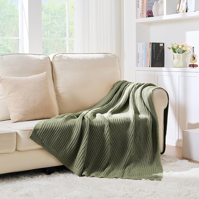 Chunky Knit Olive Green Throw Blanket for Couch 60"x80",Soft Cozy Lightweight Knitted Blanket for Couch Sofa Bed,Fisherman Cable Knit Cute Decorative Spring Throw for Living Room