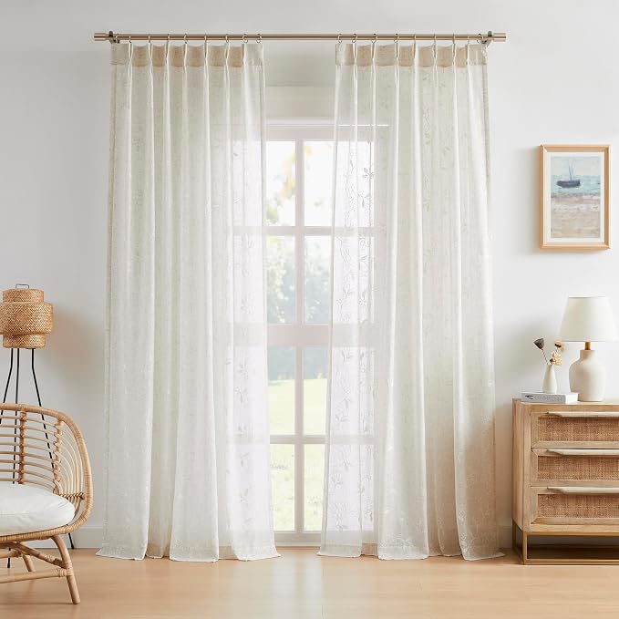 Vision Home Linen Embroidered Floral Pinch Pleated Sheer Curtains Leaf Patterned Rustic Light Filtering Window Panels for Living Room Bedroom Flower Rustic Pleat Drapes with Back Tab Hooks 40"Wx95"Lx2