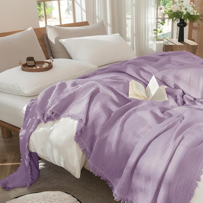 MooMee Muslin Blanket - 100% Cotton 4-Layer Gauze Throw Blanket with All-Around Fringe, Soft Breathable Lightweight Cooling Summer Blankets for Bed Couch(Light Purple,Throw 60" x 50")