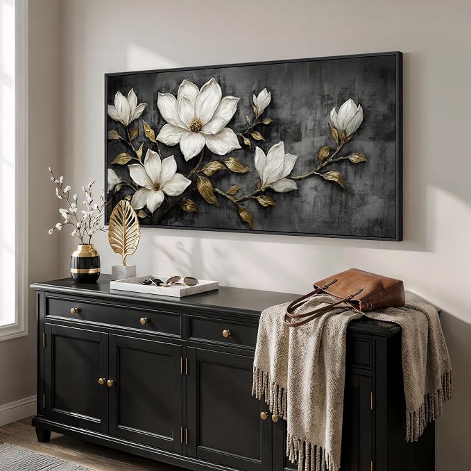 Large Framed Black and White Floral Wall Art for Living Room, Modern Magnolia Botanical Canvas Prints Paintings, Elegant Flower with Gold Leaves Pictures for Dining Room Office Wall Decor, 60x30 Inch