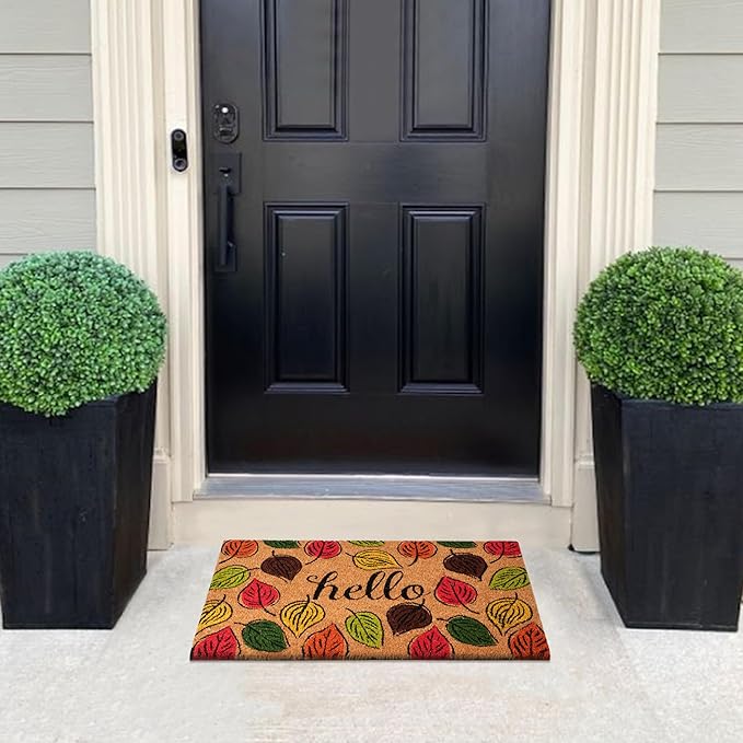 A1HC Natural Coco Coir Door Mat Hello Autumn Leaves Doormat with Heavy Duty Non-Slip PVC Backing - 18" x 30" - Easy to Clean, Welcome Mat for Home, Low-Profile Durable Doormat