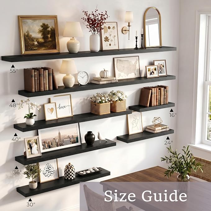 Vivelove Black Floating Shelves for Wall with Invisible Brackets, Long Large Floating Shelves Under TV Over Fireplace Bedroom Living Room Office, 55”X 8”X 1.4", Set of 2 - Black