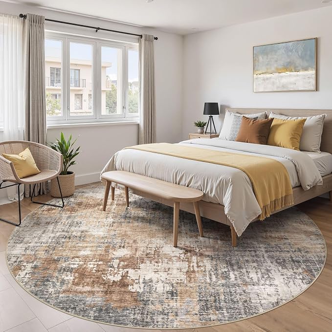 DMOYEST 10ft Round Area Rug Living Room Rugs - 10x10 Washable Circle Rug Large Soft Indoor Neutral Modern Abstract Low Pile Carpet for Bedroom Dining Room Farmhouse Home Office - Grey Brown