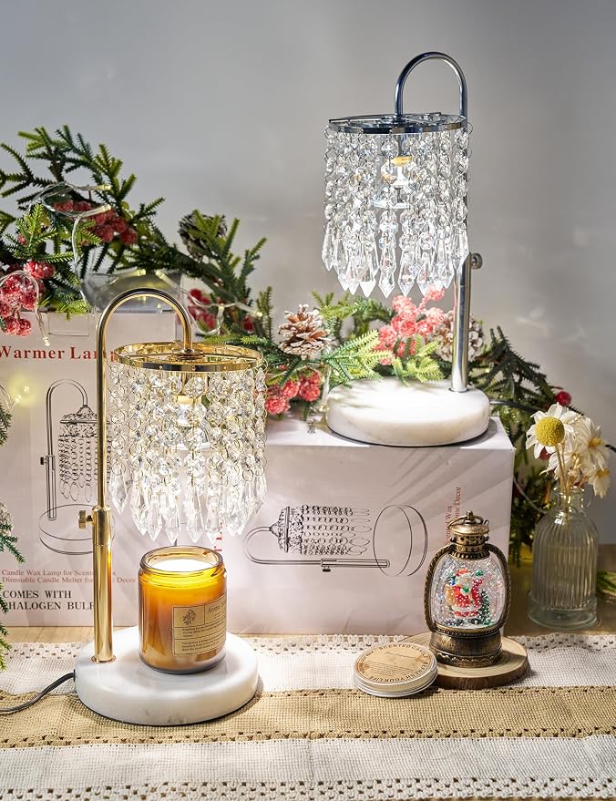 Candle Warmer Lamp with Timer Dimmable, Birthday Gifts for Women, Wax Melt Warmer for House Warming Gifts New Home Decor, Adjustable Height Crystal Candle Lamp for Jar Candles with 3 Bulbs, Silver