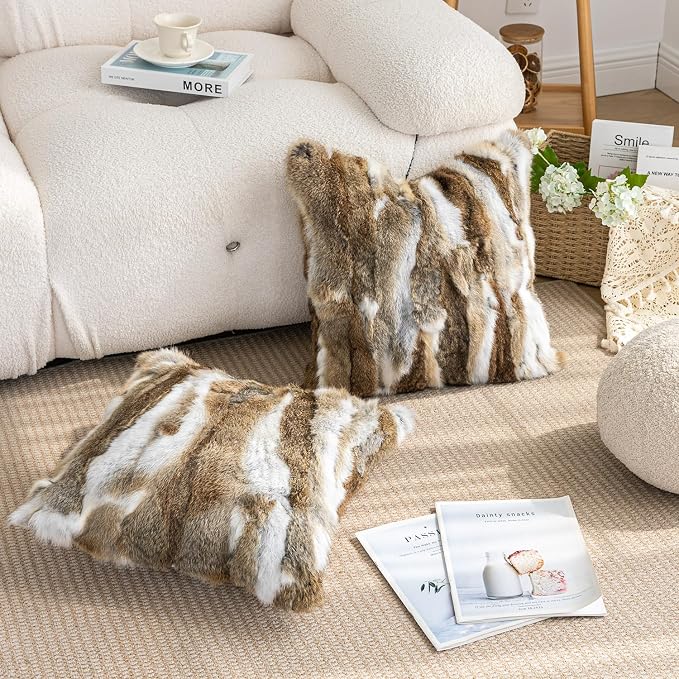 Genuine Rabbit Fur Pillow Covers Set of 2,Luxury Decorative Throw Pillowcases Fluffy Animal Skin Accents Bolster Cushion Cover for Couch Sofa Bedroom Living Room Home,18x18 inch,Yellow