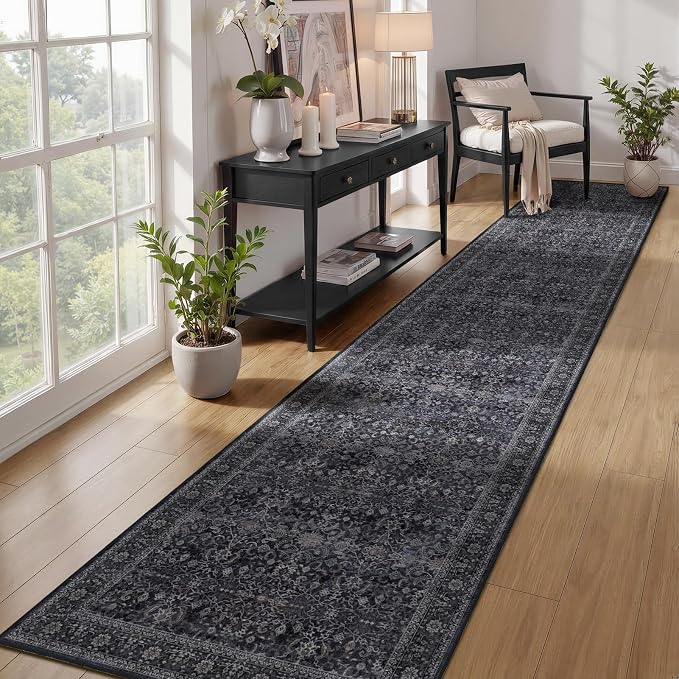 Washable Runner Rug 3x10, Vintage Farmhouse Dark Hallway Runner for Kitchen Floor Non Slip, Low Pile Thin Long Carpet Runner for Entryway Corridor Mudroom Foyer, Midnight