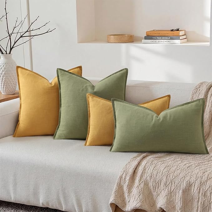 decorUhome Summer Decorative Linen Throw Pillow Covers 12x20 Inch Set of 2 Mustard Yellow Lumbar Pillow Covers with Flange Edges Soft Farmhouse Boho Accent Pillow Cases for Couch Bed Living Room