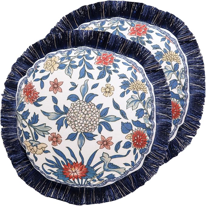patdrea Vintage Linen Throw Pillow Cover,Diameter 16",Set of 2-Ivar A | French Decorative Pillow Case,Chinoiserie Blue Floral Print Pillow Cover for Couch Living Room Bedroom,Fringe Trim