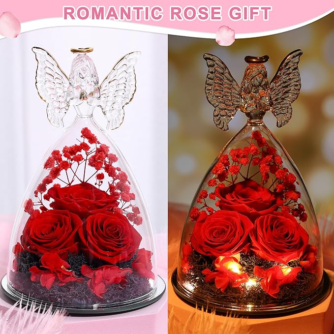 Mothers Day Rose Gifts for Women Preserved Real Flower in Glass Angel Figurines Roses for Delivery Prime Birthday Gifts for Mom Grandma Girlfriend Wife Her - Red