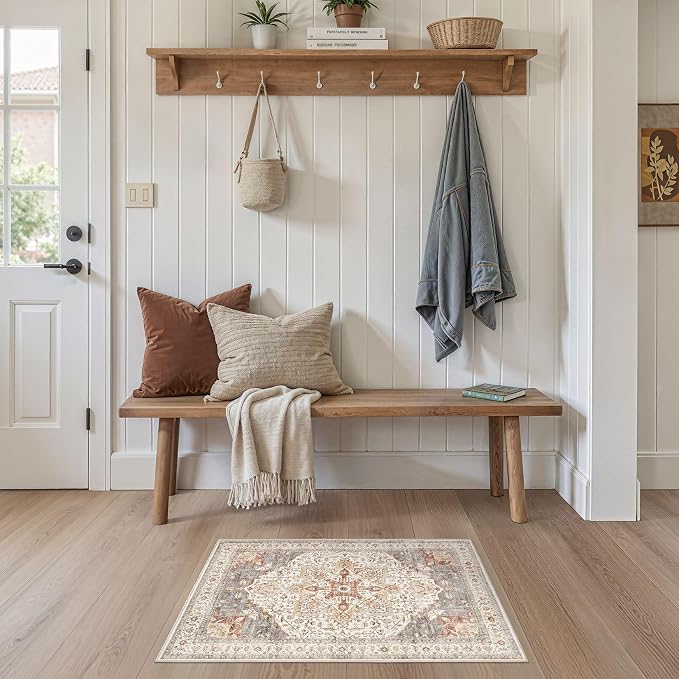 Tortania Area Rug 2x3 Doormat - Washable Vintage Oriental Farmhouse Soft Thin Indoor Carpet for Living Room Bedroom Hallway Entryway Kitchen - Orange Multi