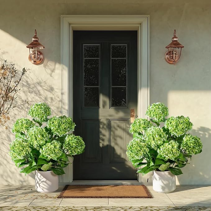 2 Pack Fake Flowers Trees UV Resistant Artificial Hydrangea Plants Indoor Outdoor Realistic Floor Plants Large Faux Plastic plantas in Pot for Home Porch Garden Office Porch Patio Front Bonsai Decor