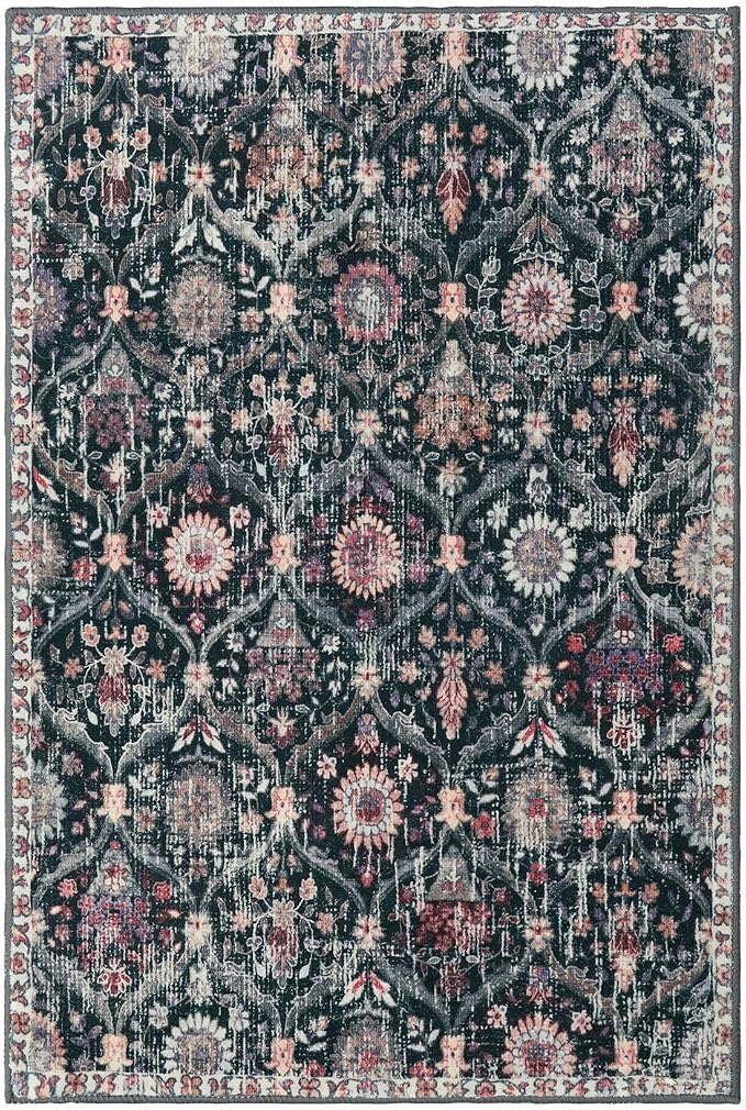 Lahome Moroccan Trellis Washable Rug, 2x3 Entryway Rugs for Kitchen Bathroom, Non-Slip Indoor Door Mat Ultra-Thin, Small Oriental Throw Carpet for Bedroom Entry Elise, Black/Multi