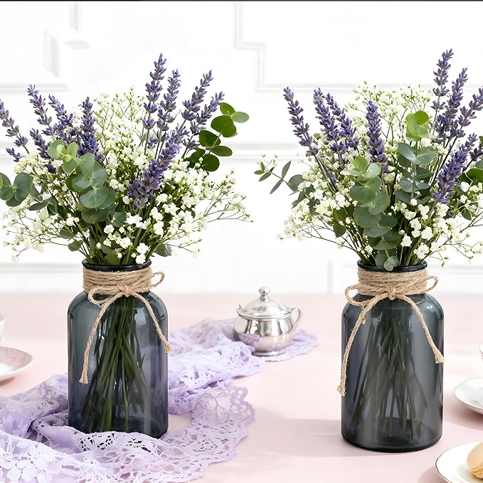 Vintage Glass Flower Vase, Farmhouse Glass Centerpiece Vases Mason Jars for Weddings, Parties & Home Decor Bulk (12, Black)