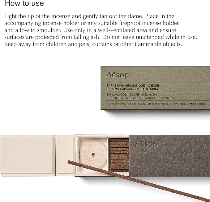 Aesop Sarashina Aromatique Incense Sticks | Woody, Warm, Sweet Aroma of Sandalwood and Spices | 33 Sticks, 30-Min Burn Time | Includes Kanuma Pumice Holder | Vegan, No Synthetic Fragrance