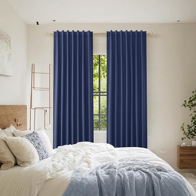 Guken 100% Blackout Curtains 63 Inch Length 2 Panels Set for Living Room Bedroom Back Tab Thermal Insulated Black Out Linen Drapes Room Darkening Window Curtains 63 Inches Long,Classic Blue