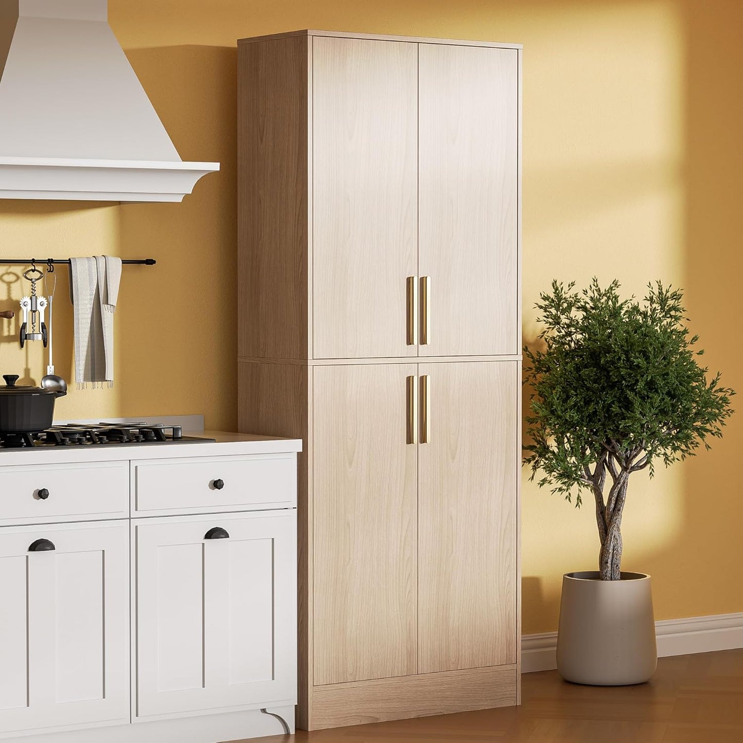 71" Tall Pantry Cabinet with 4 Doors, Kitchen Pantry Storage Cabinet, Freestanding Larder Cupboard, Utility Kitchen Hutch with Gold Handles for Dining Room, Bathroom, Oak