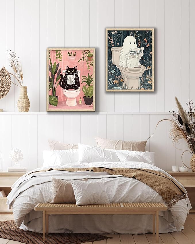 UPWOIGH Beige OAK Framed Ghost Wall Decor- Halloween Wall Art Prints, Halloween Posters Decor, 12" x 16" Cute Ghost Decor, Aesthetic Pictures Wall Decor for Bathroom Bedroom,1 Pack