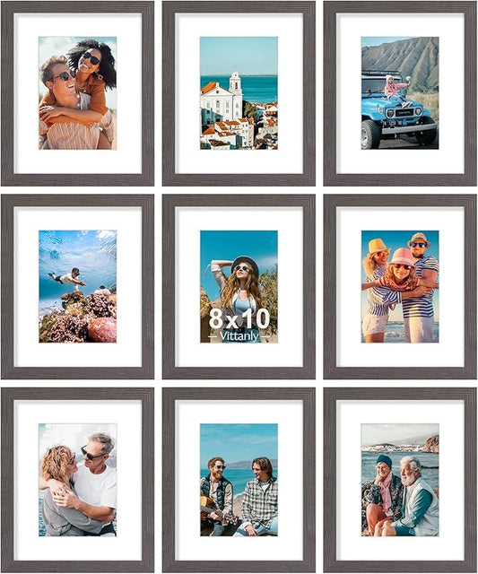 Vittanly 8x10 Picture Frames Set of 9, Shatter Resistant Plexiglass, Display 5x7 Pictures with Mat or 8x10 without Mat, Photo Frames for Wall or Tabletop, Engineered Wood, Dark Grey