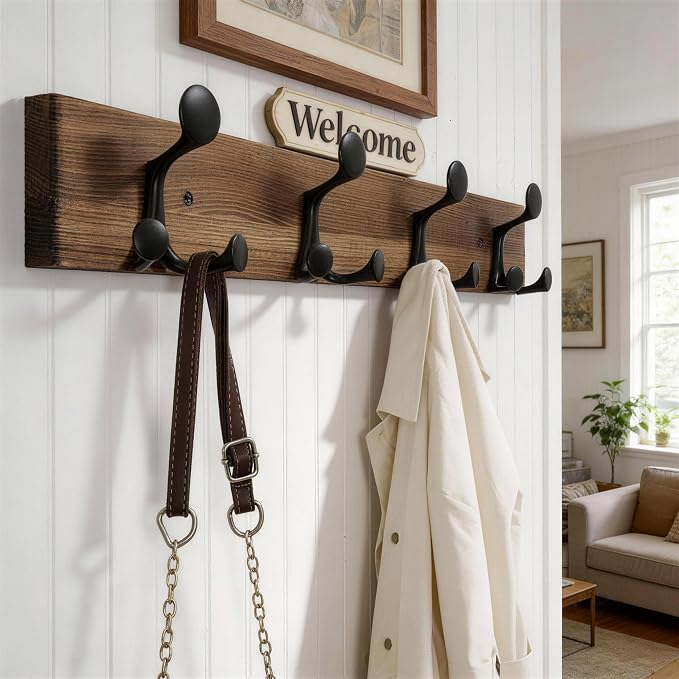 WEBI Coat Rack Wall Mount,24" Solid Wood Coat Hooks Wall Mounted Coat Hanger,16" Hole to Hole,Heavy Duty Hook Rack,4 Triple Hooks for Hanging Coats,Jacket,Hat,Backpack,Farmhouse,Brown,2 Packs