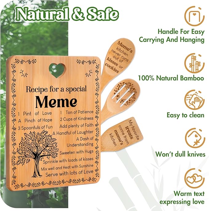 Meme Gifts - "Recipe for a Special Meme" Meme Gifts for Grandma Cutting Board Set, Bamboo-Made Engraved Utensil Set Gifts for Meme Cutting Board, Mothers Day Gifts for Meme.