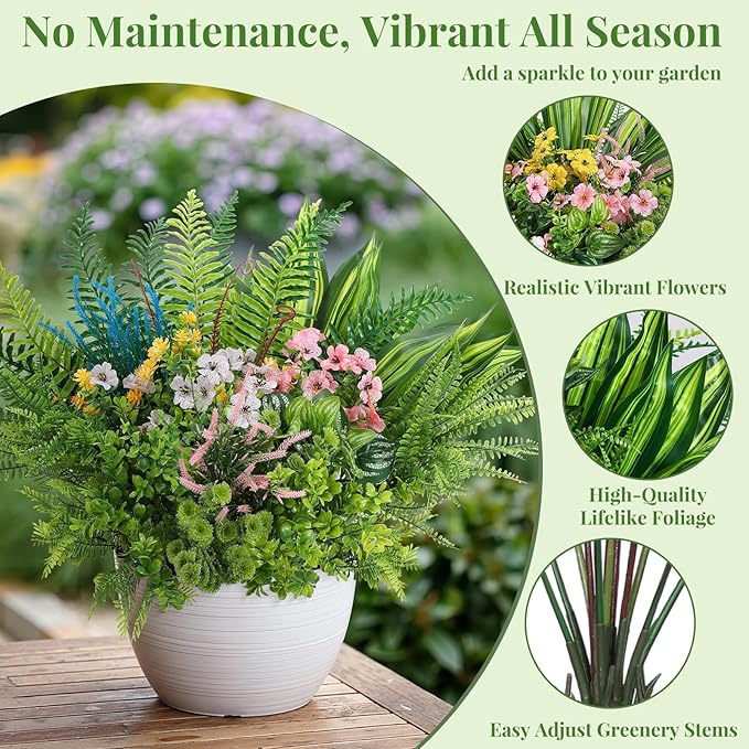 Alupssuc 24Pcs Artificial Flowers and Plants,UV Resistant & No Fade Fake Plastic Greenery Shrubs for Home Garden, Pathway, Front Porch-Spring Summer Decor, Indoor/Outdoor Use,Pink Blue Yellow White