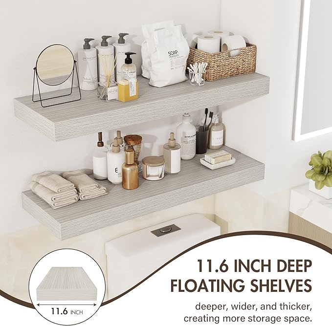 Acovy 36 Inch Floating Shelves, 12" Deep Floating Shelf Wall Mounted, 36" Wall Shelves, Rustic Deep Bookshelf, Extra Deeper & Thicker Display Shelves for Bedroom, Living Room, Gray, Set of 2