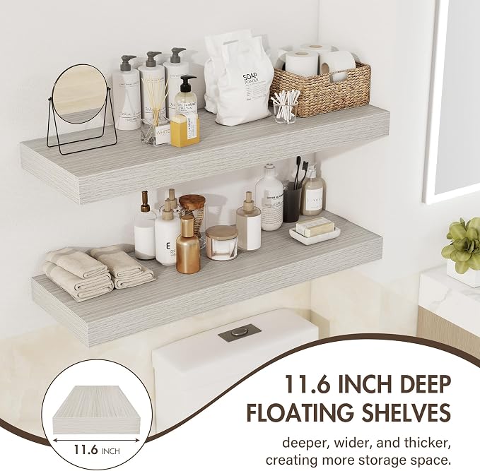 Acovy 55 Inch Floating Shelves, 12" Deep Floating Shelf Wall Mounted, 55" Wall Shelves, Rustic Deep Bookshelf, Extra Deeper & Thicker Display Shelves for Bedroom, Living Room, Gray, Set of 2