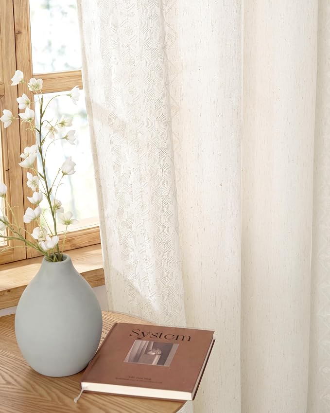 NICETOWN Embroidery Trim Linen Blended Curtains, W52 x L63, 2 Pcs | Ivory White and Cream, Bronze Grommet Top, Semi Sheer, View Block, For Nursery Window
