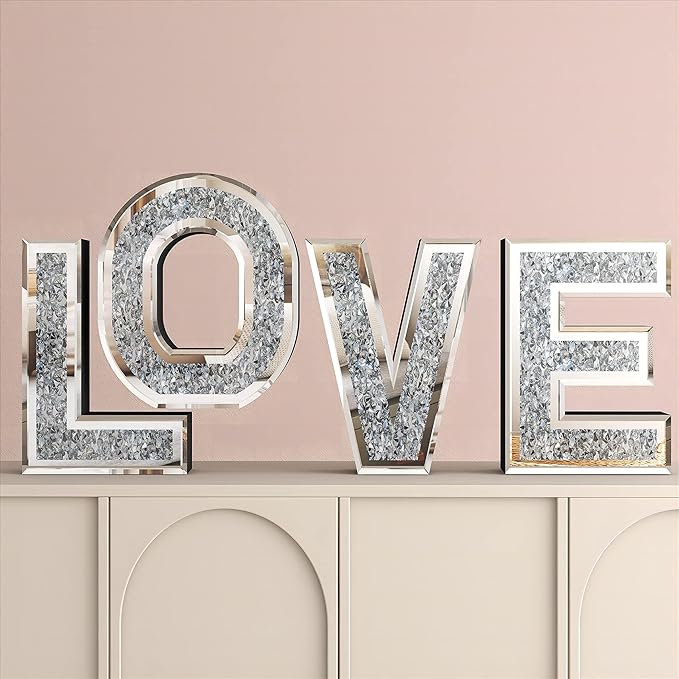 SHYFOY Love Letter Sign Living Room Decor, Mirrored Love Home Decoration for Tabletop & Wall-mount, Crystal Diamond Decorative Wall Mirrors Set for Wedding Centerpiece, Independent (4 PCS)