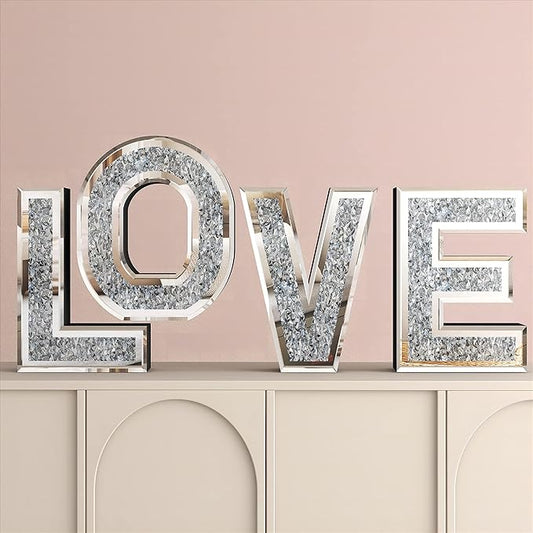 SHYFOY Love Letter Sign Living Room Decor, Mirrored Love Home Decoration for Tabletop & Wall-mount, Crystal Diamond Decorative Wall Mirrors Set for Wedding Centerpiece, Independent (4 PCS)