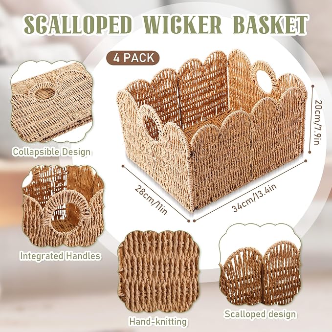 Leinuosen 4 Packs Scalloped Wicker Storage Basket Paper Rope Pantry Baskets for Shelves Organizing Toilet Paper Foldable Rattan Cube Storage Bins Boho Organizer Bins for Home, 13 x 11 x 7.9 Inches