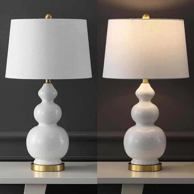 JONATHAN Y 27.5" White/Brass Gold Modern Ceramic Gourd Table Lamp for Living Room, Large Bedside Nightstand Lamp for Bedroom, White Linen Drum Shade, LED Bulb Included (JYL4023D)