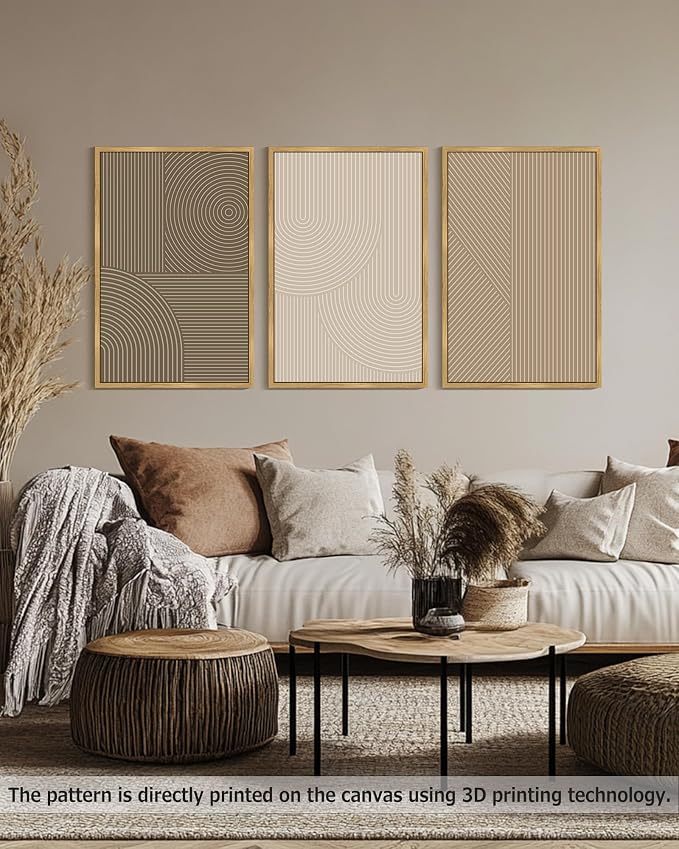 PHOPAGO Boho Mid-Century Modern Framed Wall Art Large 24x36in Minimalist Abstract Neutral Line Wall Decor Bohemain Geometric Artwork Bedroom Dining Room - Natural Framed