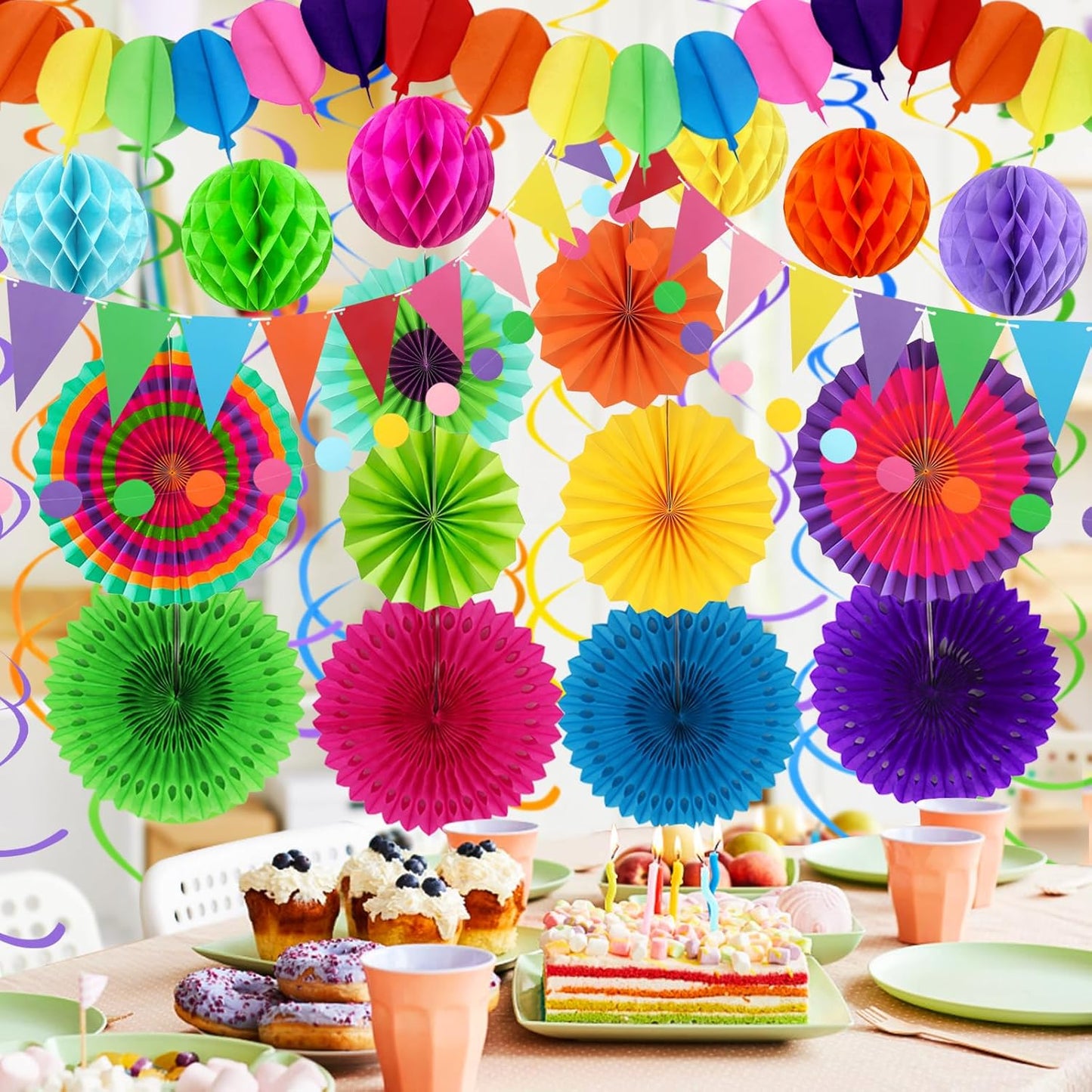 Fiesta Party Decorations - Easy to Assemble Multicolored Paper Fan Honeycomb Ball Garland Hanging Swirl for Mexican Party Cinco De Mayo Taco Themed Party Decorations Birthday Rainbow Parties