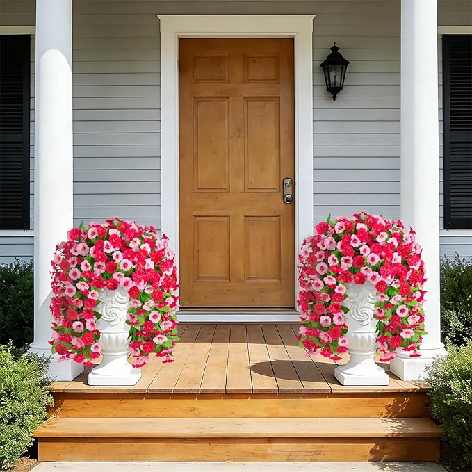 INXUGAO Artificial Fake Hanging Flowers Plants for Outdoor Decoration, 2PCS Faux Silk Morning Glory Long Vines Stems UV Resistant Look Real for Spring Summer Outside Home Porch Patio, Red Pink