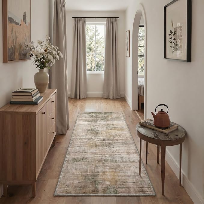 BEIMO 2X5 Runner Rug for Hallway Kitchen, Machine Washable Runners Rug for Entryway, Soft Modern Abstract Throw Rugs, Low Pile Floor Cover with Non Slip Backing, Dusty Beige Brown