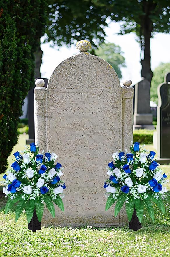 LVXINLI Artificial Cemetery Flowers, Gravesite Decoration Roses, Memorial Bouquets with Cemetery Vase, Vibrant and Long-Lasting Colors (Dark Blue+White, 2 Bundles)