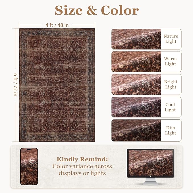 Brick Red 4x6 Washable Rug, Small Area Rugs Non Slip for Entryway Kitchen Bathroom, Vintage Farmhouse Low Pile Thin Print Throw Carpet for Foyer/Nursery/Home Office/Living Room/Bedside
