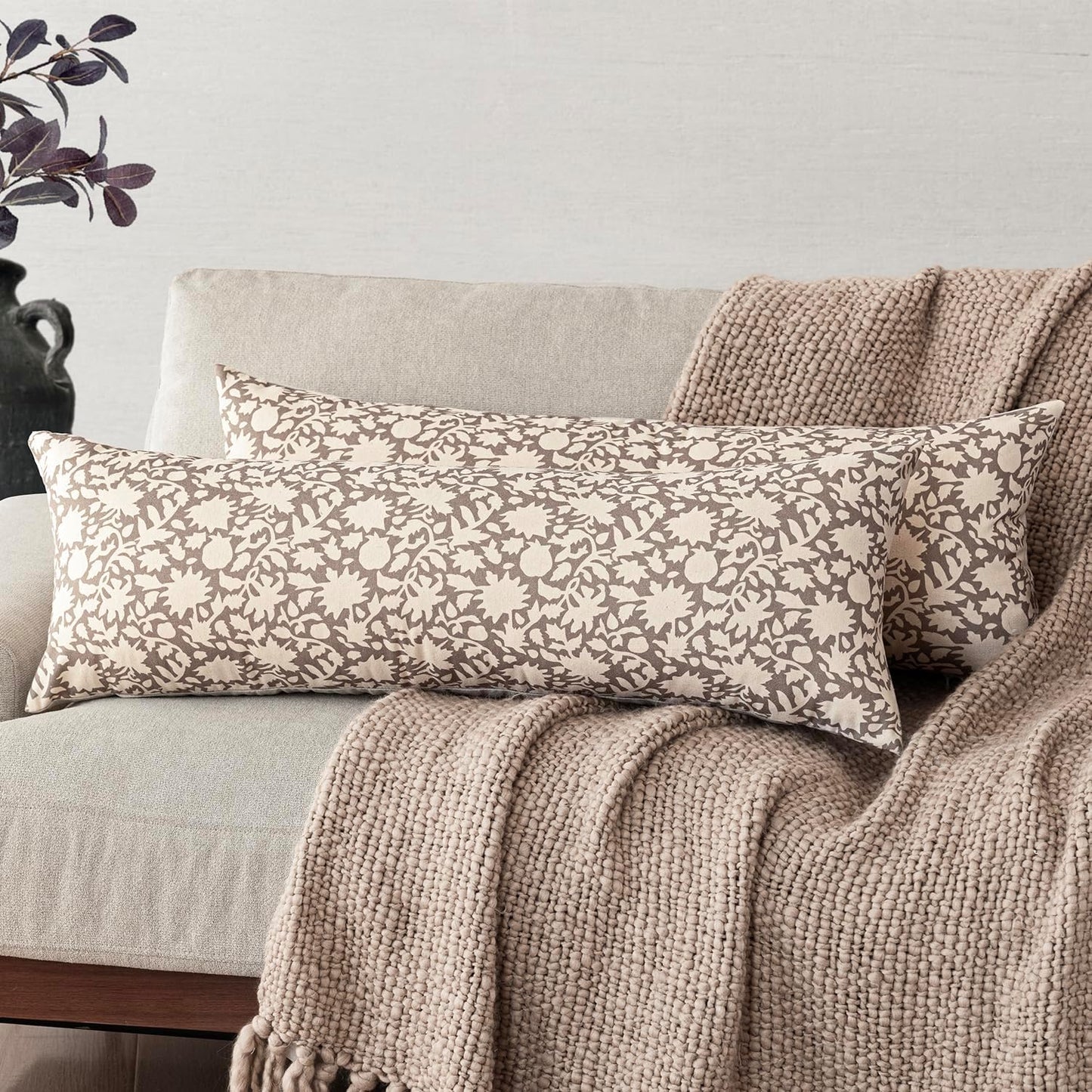 Foindtower Set of 2 Decorative Floral Long Body Lumbar Throw Pillow Covers Neutral Farmhouse Cushion Covers Boho Vintage Pillowcase For Couch Sofa Bedroom Living Room Home Decor Outdoor,14×36 Inch,Tan