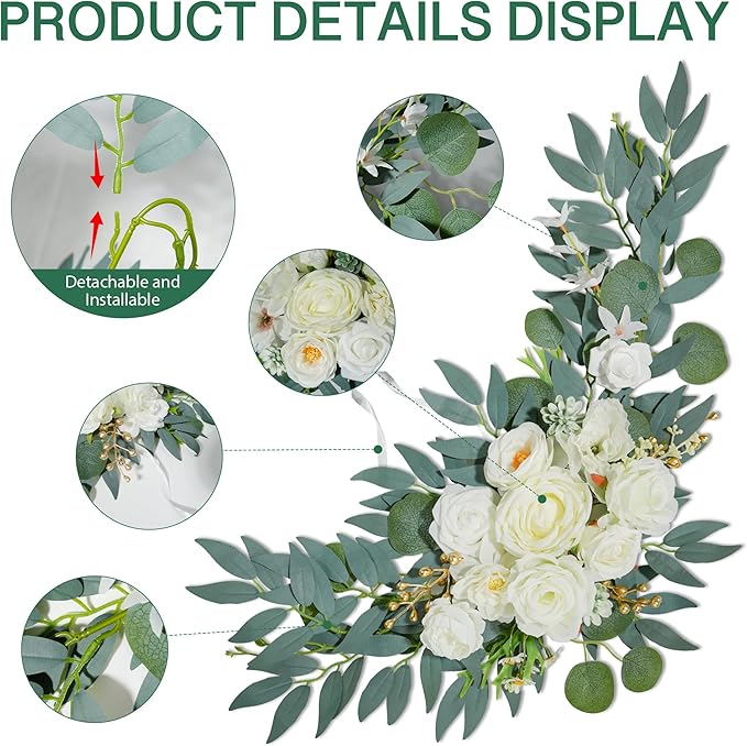 Wedding Arch Flowers (2pack),Flower Arch Stand,Flower Garland,for Wedding Outdoor Decorations Floral swags and Garlands Chair Decorations etc isle Decor,Reusable.（White）