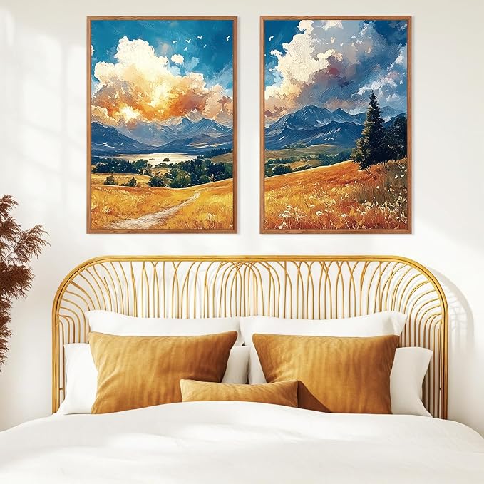 LHIUEM Mountain Wilderness Sunset Framed Canvas Wall Art,Nature Country Scenery Wall Decor,Field Pine Tree Landscape Artwork for Living Room,Bedroom,Dining Room,Farmhouse -16"x24"x3