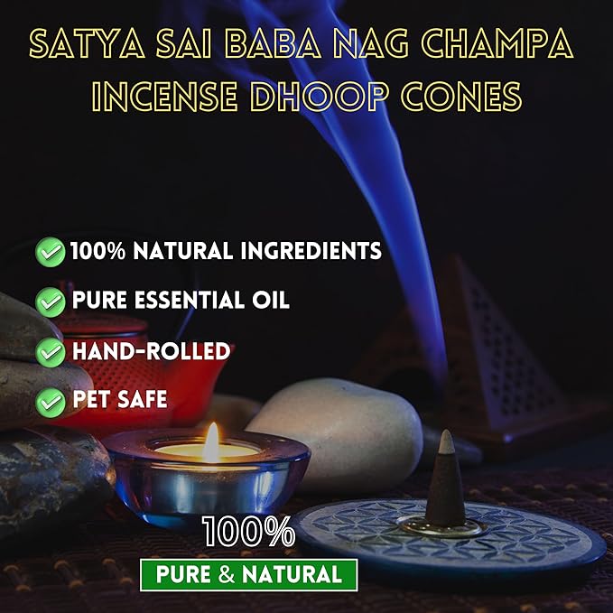 Satya Sai Baba Nag Champa Incense Dhoop Cones for Meditation, Yoga and Stress Relief - 12 Pack, 144 Cones with Natural Fragrance