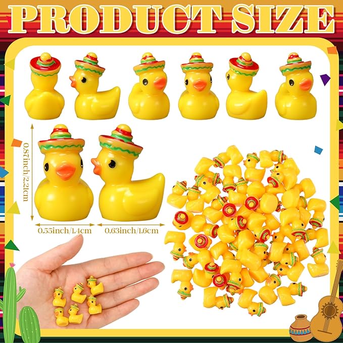 Halloscume 50 Pcs Mini Resin Mexican Ducks Decoration Tiny Duck Miniature with Mexican Hat Small Resin Animals Figures Landscape Decor for Home Office Car Decor Festive Gift