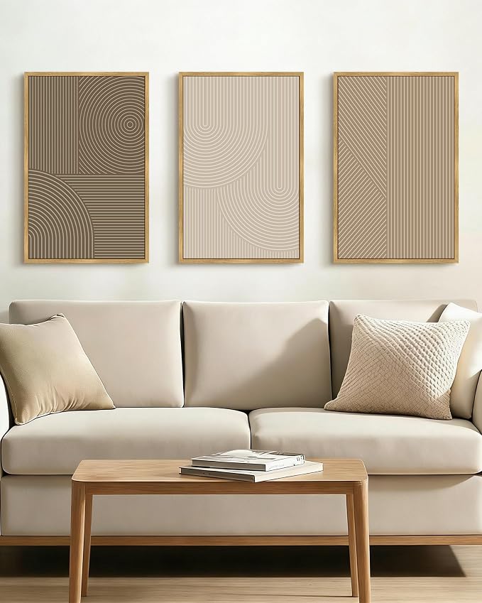 PHOPAGO Boho Mid-Century Modern Framed Wall Art Large 16x24in Minimalist Abstract Neutral Line Wall Decor Bohemain Geometric Artwork Bedroom Home Office - Natural Framed