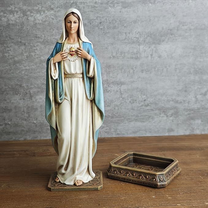 BC Catholic Immaculate Heart Mary Statue, 10" H Blessed Virgin Mary Figure for Altar, Holy Mother with Rosary Holder for Prayer Note, Religious Gift to Mon, Catholic Decor, Handmade by Buildclassic