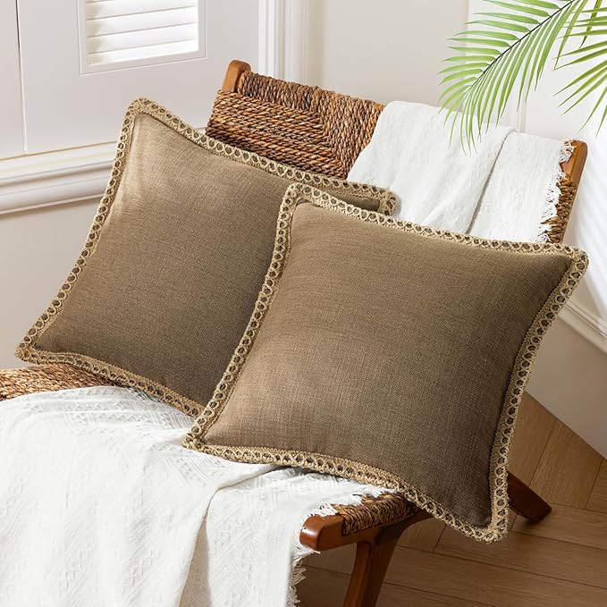 Phantoscope Pack of 2 Farmhouse Decorative Solid Throw Decorative Pillow Cover Burlap Linen Trimmed Tailored Edges Coffee 26 x 26 inches, 65 x 65 cm