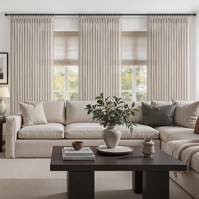 Pinch Pleated Natural Linen Curtains 96 Inches Long for Living Room, Greyish Brown Memory Trained Light Filtering Boho Windows Drapes 2 Panels Set Privacy Semi Sheer 8FT Length Bedroom Heavy Curtain