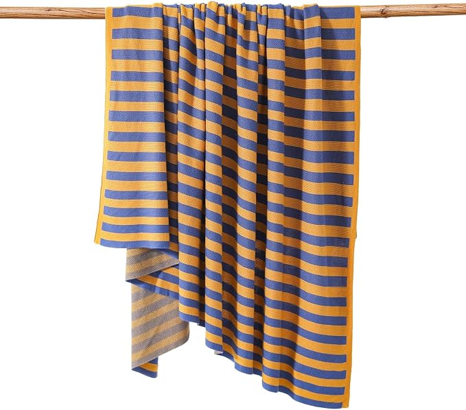 BOV Knit Lightweight Throw Blanket - 100% Viscose Super Soft Breathable Comfy Decorative Throw Blanket for Chair Couch Sofa Bed, Perfect Self Care Gifts for Women & Men, Mustard & Navy Stripe 50"x60"
